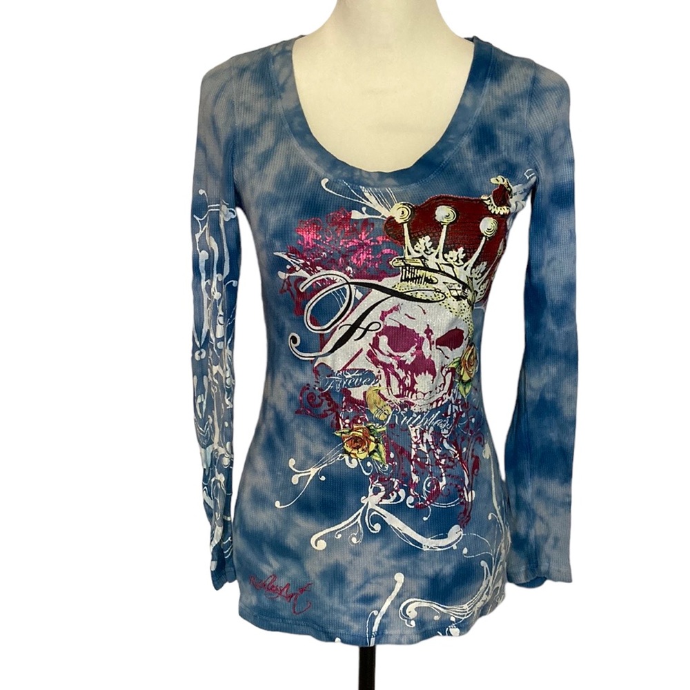 Ruthless Art blue & white tie-dyed top with ruthless rhinestone.